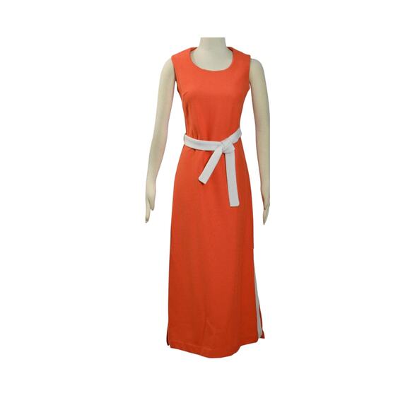 1970s Liberty Circle Orange & White Sleeveless  Boho Chic  Mod Maxi Dress - Picture 1 of 7